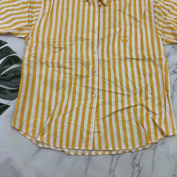 Basic Editions Womens Vintage 90s Button Up Shirt Size L Yellow White Stripe - Picture 5 of 11